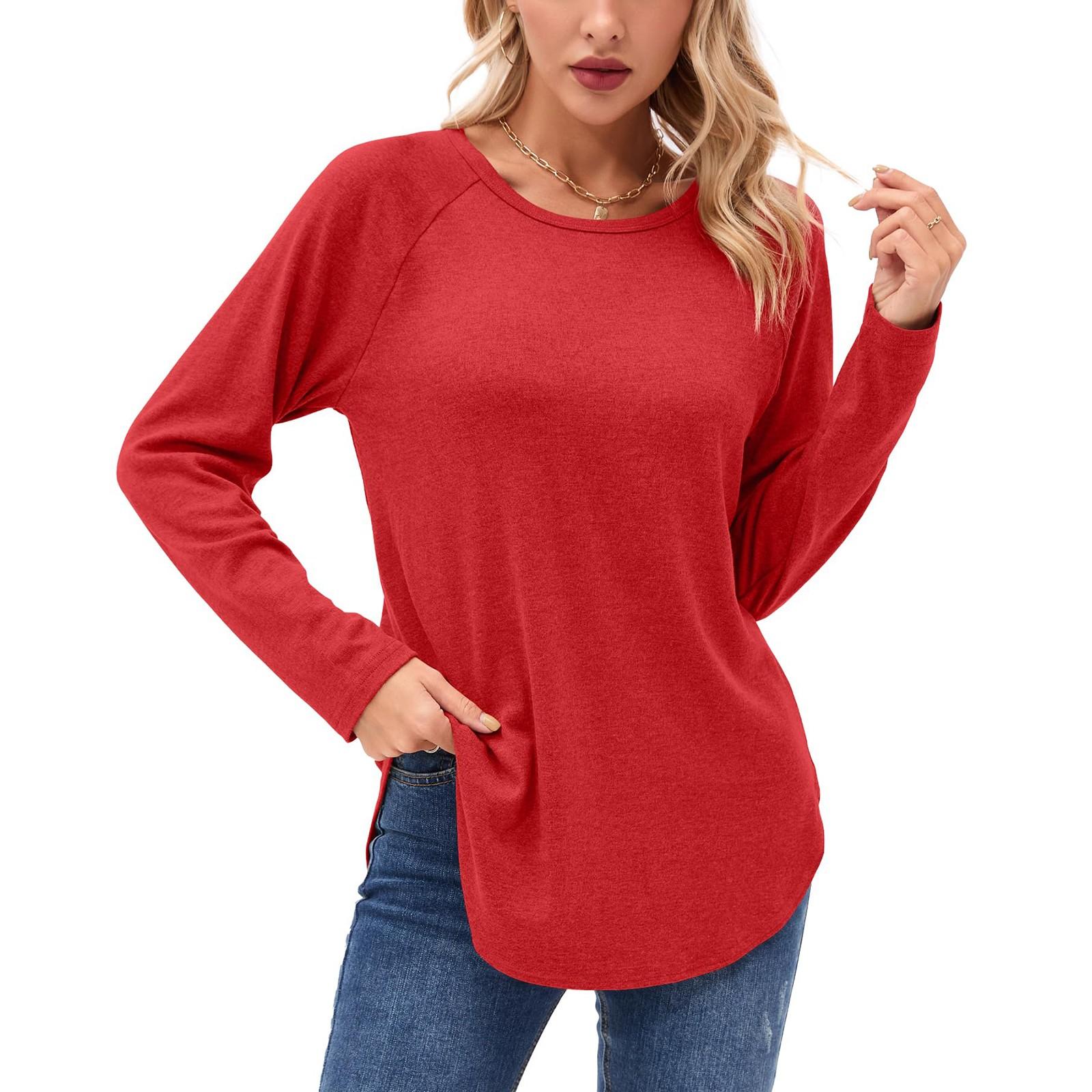 

Женские рубашки с длинным рукавом осень-зима повседневная мода туника топы с круглым вырезом базовая свободная футболка XL красный