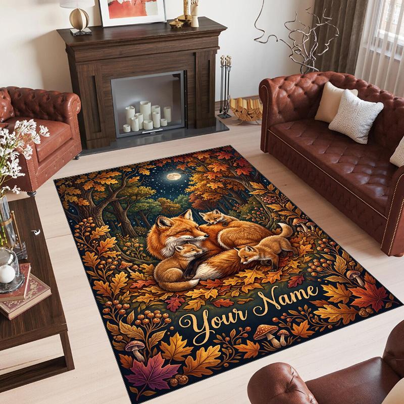 Fox Theme Crystal Velvet Floor Rug Personalized Custom Name Text Warm Carpet Home Decoration