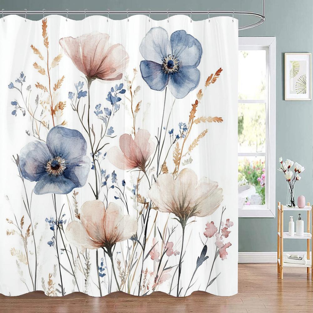 Modern Watercolor Blue Flowers Print Shower Curtain, Polyester Shower Curtain with Hooks for Bathroom Decorative Shower Curtain