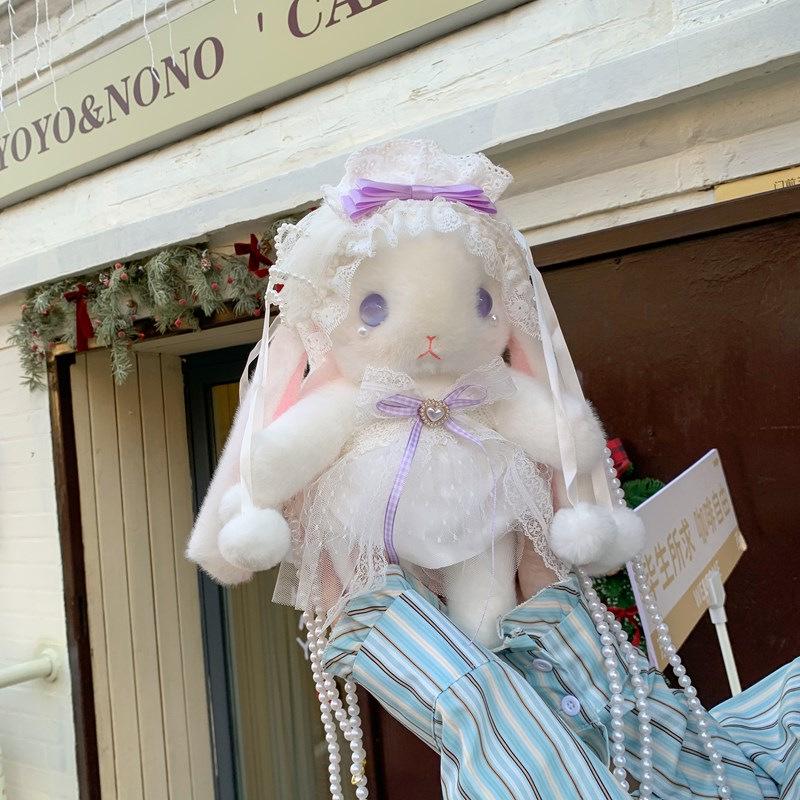 Lolita Plüsch Hasen Tasche mit Schleife, Perlenkette und Herz Design - Süße Girly Umhängetasche