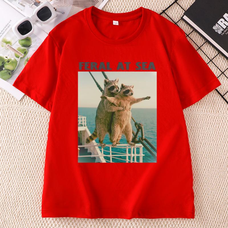 Funny Raccoon Parody TShirt Feral At Sea Cruise TShirt Vacation Graphic T Shirts Summer Round Neck Printed Clothing Tops