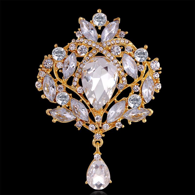 Shiny Crystal Teardrop Brooch Crown Romantic Wedding Party Pin Jewelry Gift