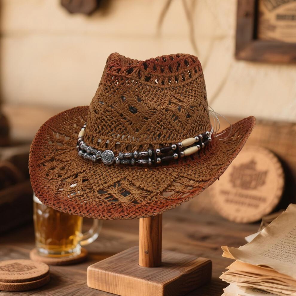 (L, Colorful) Cowgirl Hats for Women Men Outdoor Western Hat Wide Brim Straw Sun Hat with Beaded Ropes
