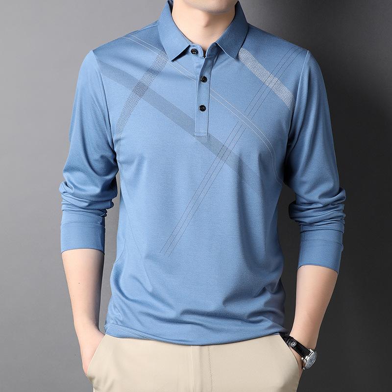 Spring New Long-sleeved T-shirt for Men with Mulberry Silk Stripes Casual Lapel Polo Shirt