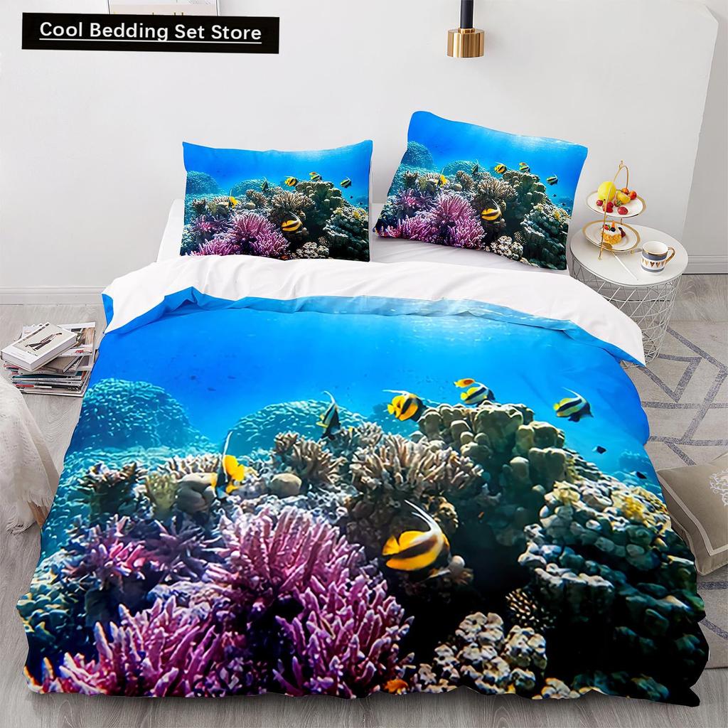 Underwater World King Queen Duvet Cover Cartoon Ocean Animal Bedding Set for Kids Fish Coral Sea Life Soft Polyester Quilt Cover