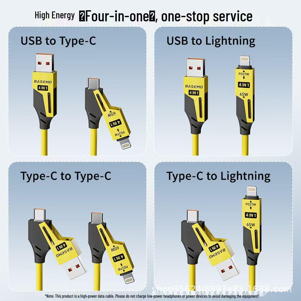 65W 4-in-1 Fast Charging Data Cable for iPhone 15/16 & Huawei