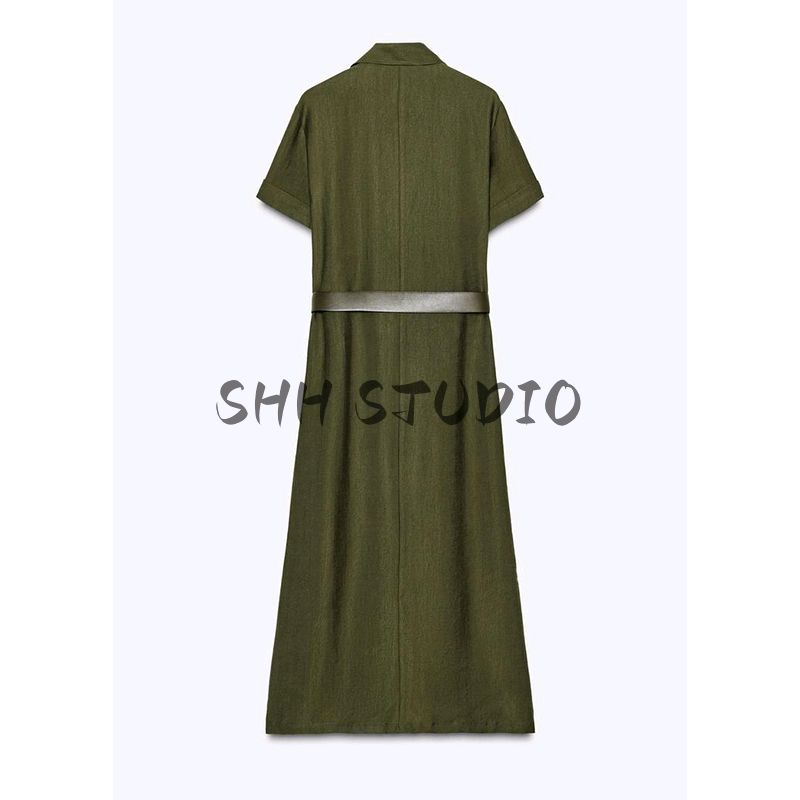 Spring New Women's Clothing American Style Classic Style with Belt Short Sleeve Lapel Shirt Dress 3897060