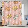Cat Pattern Shower Curtain Waterproof Fabric Bathroom Decor Home Accessories Pink Color With White Triangle Design (180X240Cm)