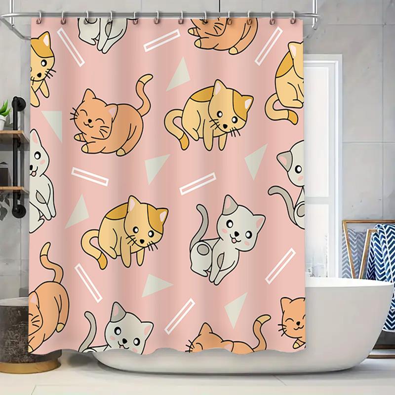

Cat Pattern Shower Curtain Waterproof Fabric Bathroom Decor Home Accessories Pink Color With White Triangle Design (180X240Cm) W60H190(CM)-1 Pcs