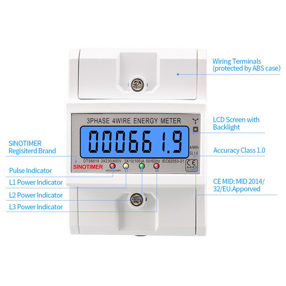 3 Phase 4 Wires Electric Energy Meter 50/60HZ Energy Meter LCD Backlight Power Consumption Monitor AC 3*230/400V for Home Office