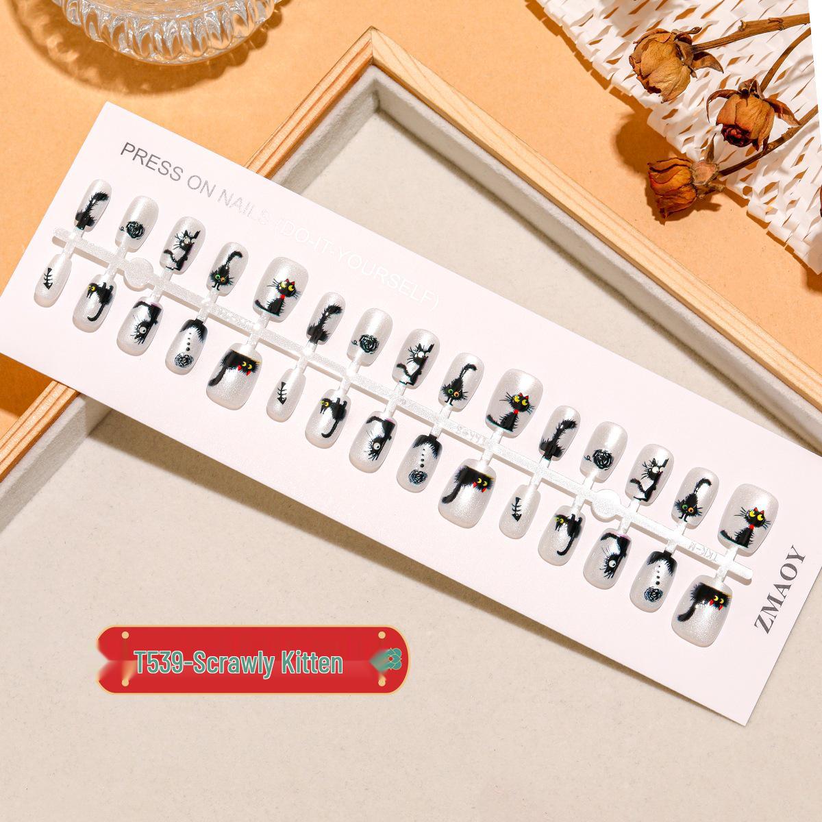 

Cursive Kitten Nail Patches: Super Short Black Frizzy Cat Eye Design (30 Pieces) S