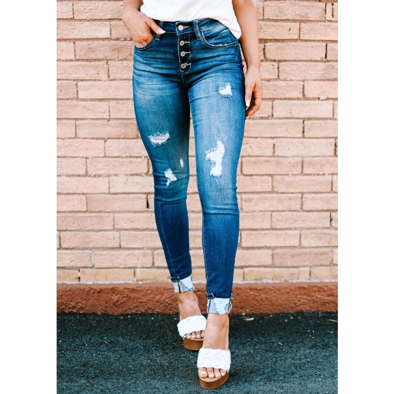 

Осень новые рваные джинсы скинни женские выбеленные на пуговицах женские брюки повседневные брюки XL