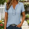 Women Tops V Neck Ruffle Trim Buttons Half Placket Short Sleeve Regular Fit Casual T-shirt Pure Color Summer Tops