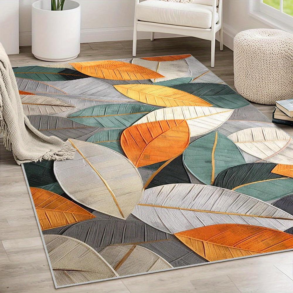 Golden Diamond Velvet Dot Plush Geometric Area Mat - Non-Slip Green/Orange/Gray Modern Leaf Design for Living Room & Bedroom