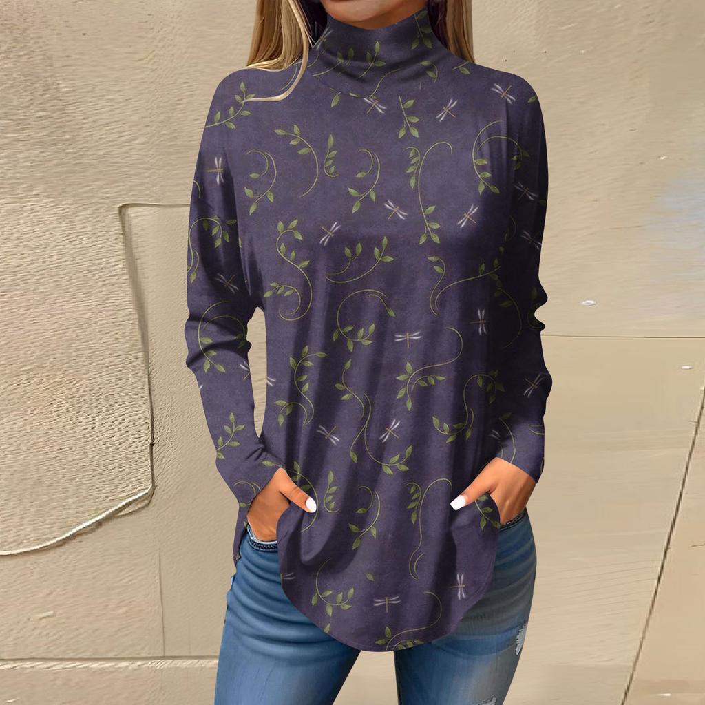 Tricouri pentru femei, toamnă, ocazional, cămăși cu mânecă lungă, hanorac, cu imprimeu vintage, cu gât înalt, pulover