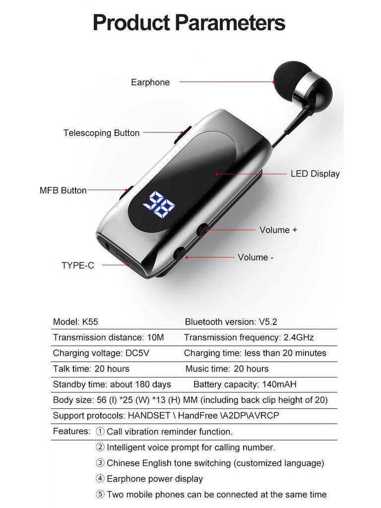 K55 Wireless Bluetooth Clip-on Earphones with Digital Display for 15-Hour Play - Perfect for Sports and Business.