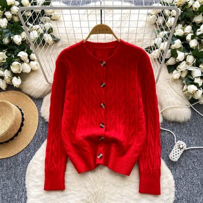 Autumn Winter Women College Style O-neck Single Breasted Red Knitted Twist Sweater Christmas Cardigans Tops For Girl