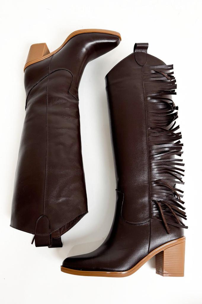 Women Modern Stylish Fashion Boots Genuine Leather Brown Genuine Leather Thick Heel Tassel Western Cowboy Boots