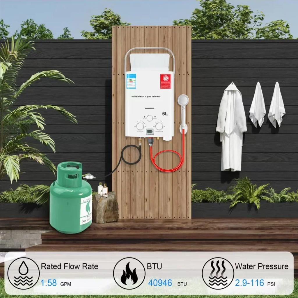 LPG Propane Gas Tankless Water Heater 6L Outdoor Camping Instant Heating Bath With Shower Head Hot Water Heater Car Truck Tent