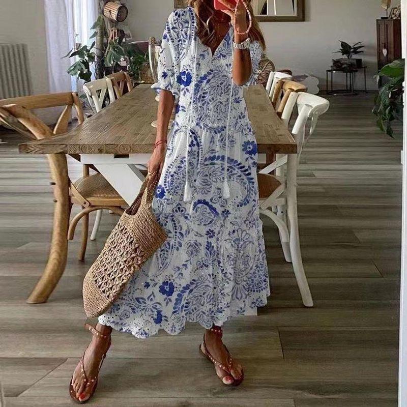 

Casual Sweet V-neck Printed Suspender Short Sleeve Dress Blue XL