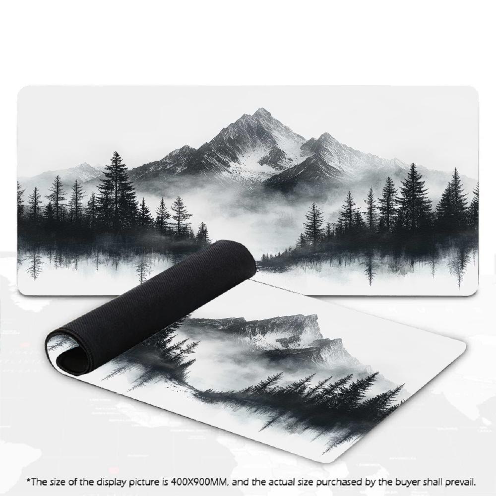 Black White Mountain Pine Forest Lake Art Desk Mat XXL Keyboard Rubber Bottom Non‑Slip Mousepads Gamer Office Accessories
