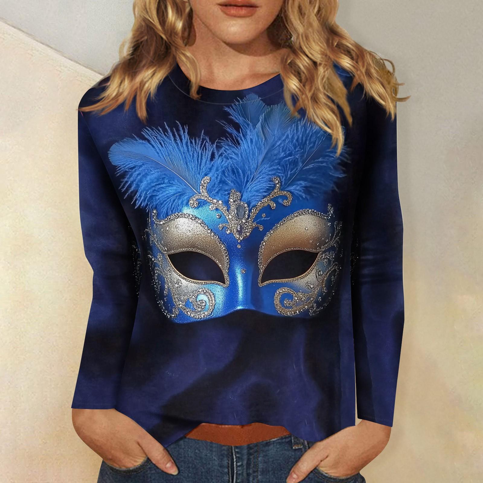 

Рубашки с длинным рукавом для женщин Милые принты Графические футболки Блузки Нарядные повседневные блузки Плиссированные туники с круглым вырезом Топы Рождество XL небесно-голубой