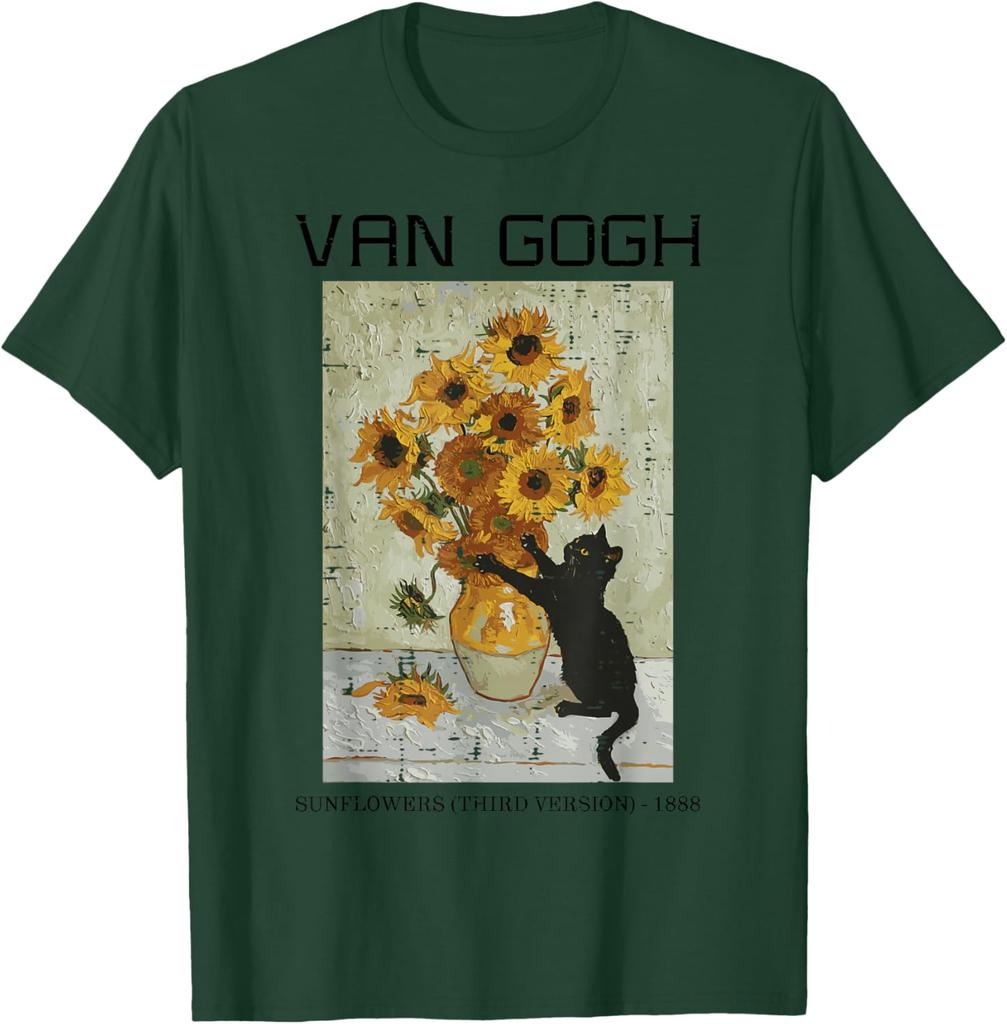 Van Gogh Sunflowers Cat Black Cat Art Graphic Tee Casual Short Sleeve TShirt for Men Women