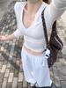 American Street White Short Sleeve T-Shirt Women's Summer Design Slim Bottom Shirt V-Neck Long Sleeve Spring Spice Girl Top