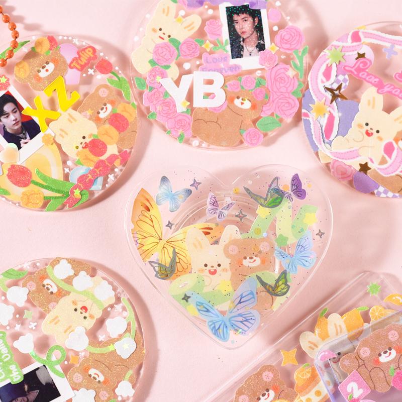 12 Blatt niedliche Bären-Aufkleber-Set, Cartoon-Bling-Band-Blumen-Notizaufkleber für Geschenk-Tagebuch-Album-Dekoration