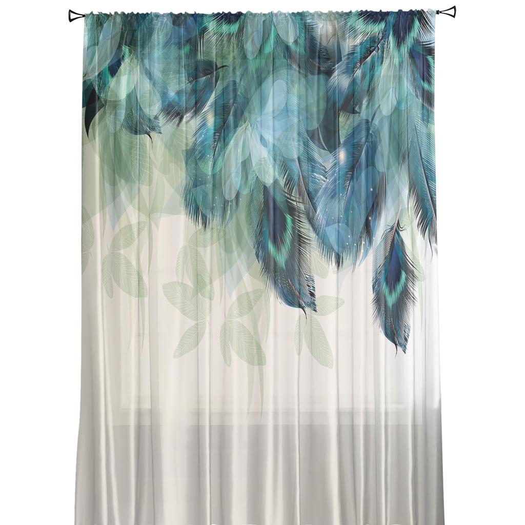 Peacock Feathers Green Tulle Sheer Window Curtains for Living Room Kitchen Children Bedroom Voile Hanging Curtain