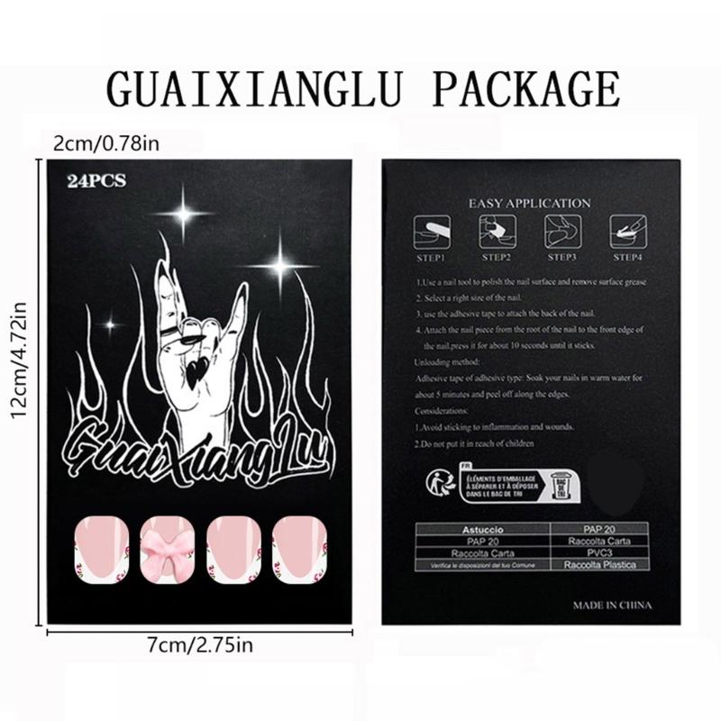 24pcs Medium False Nail Tulips Flower Bows Design Breathable Artificial Nail Easy Application ABS Material