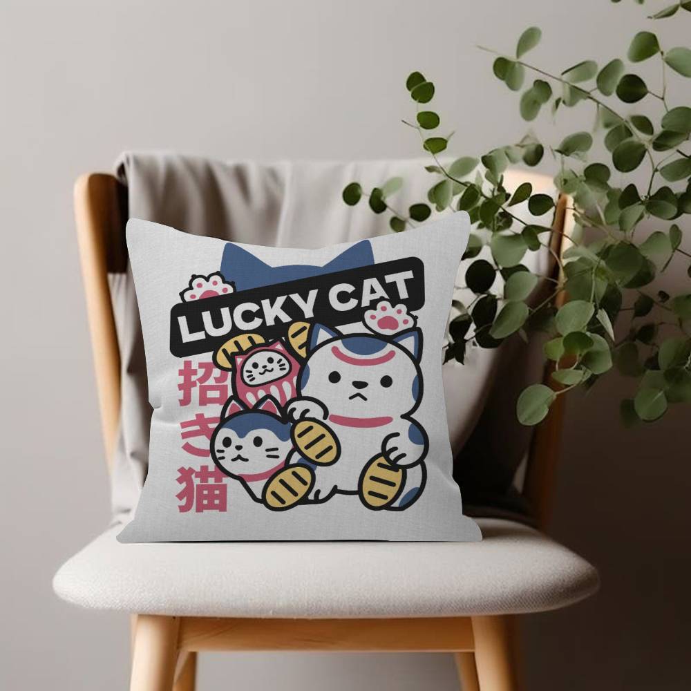 Lucky Cat Japanese Manekineko Pillow Case Sofa Living Room Bedroom Doublesided Printing Square Cushion Nap Time Pillow Case