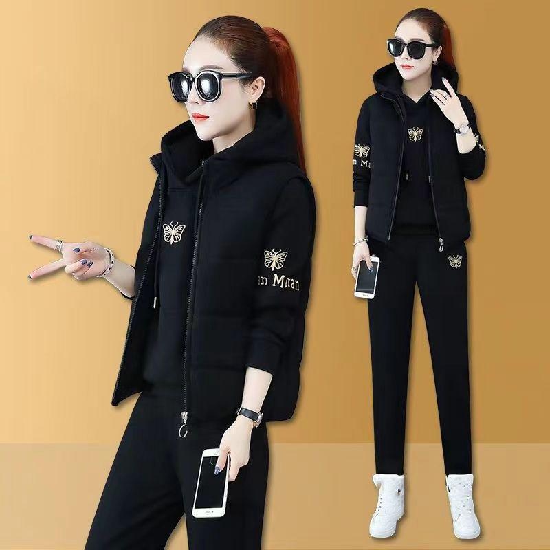 Set trei bucăți vestă pentru femei Set de pantaloni cu glugă, haină căptușită, broderie, cu glugă, mâneci lungi, pantaloni cu talie elastică, trening de iarnă, haine sport
