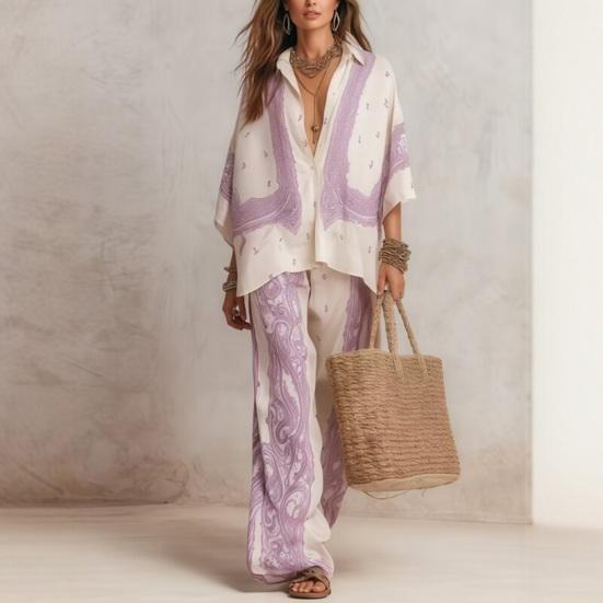 Damen Boho Baumwolle Leinen 2-teilige Sets, 3/4 Ärmel Bedruckte Hemden und Weite Hosen Passende Sets, Lockere Urlaubs-Lounge-Outfits