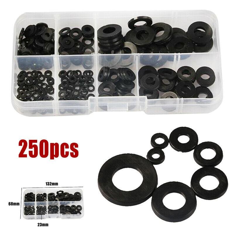 250pcs Washer Gasket Set Black Nylon Rubber Flat Ring Plain Repair Kit