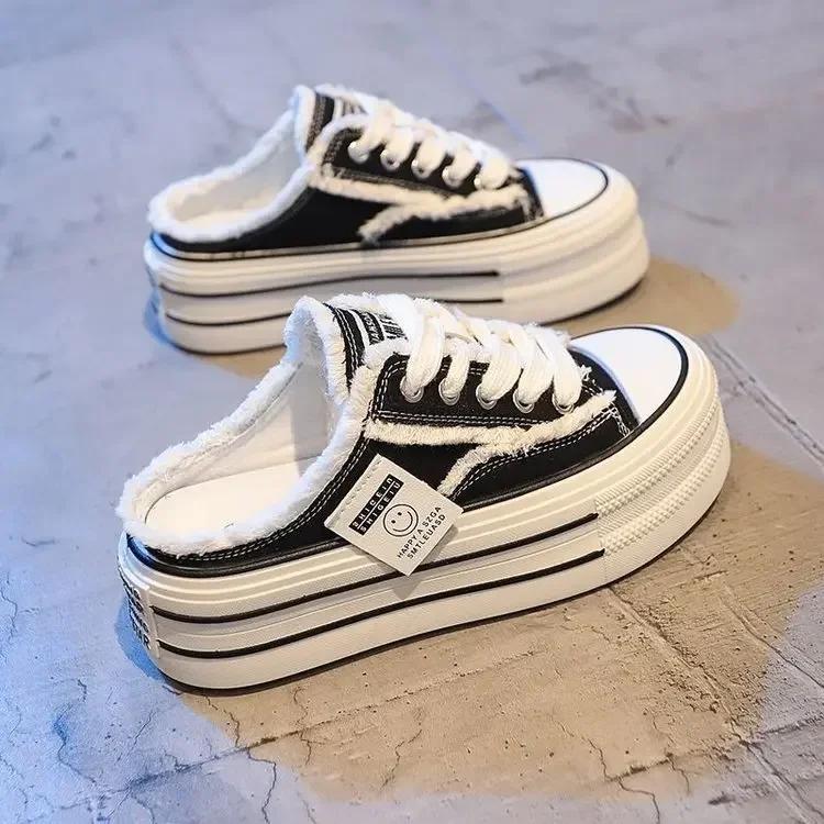 

Новые женские парусиновые полушлепанцы Дышащая повседневная спортивная обувь Женские вулканизированные туфли на толстой подошве Шлепанцы Zapatos Mujer 35 чёрный