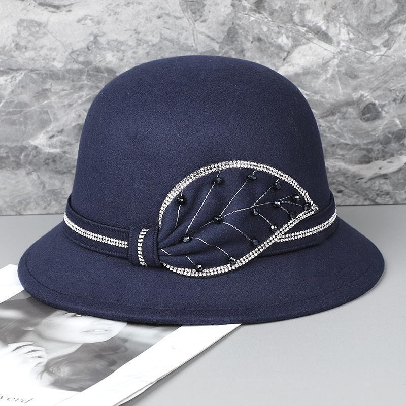 Casual Dome Short Brim Basin Hat Women's Diamond Bucket Hat Autumn and Winter Woolen Top Hat Women's British Style