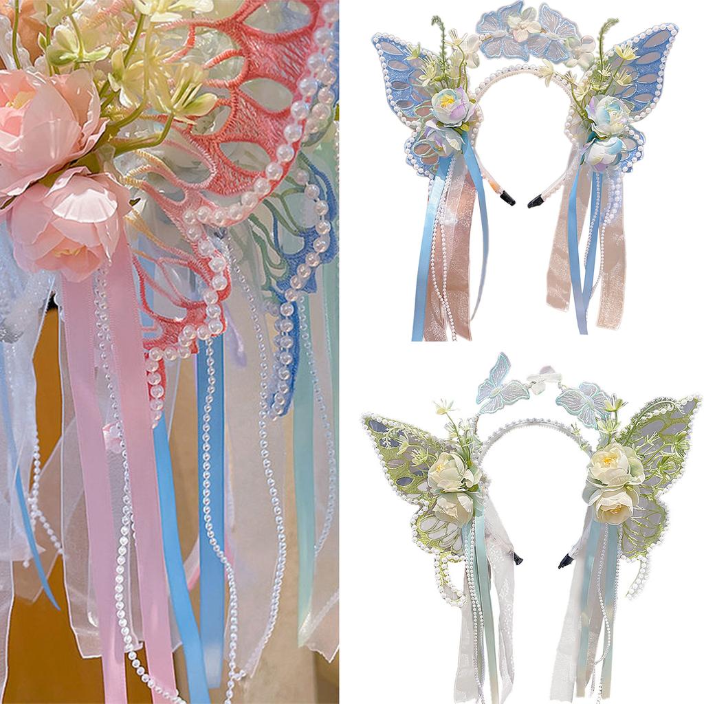 Princess Butterfly Ribbon Pearls Headband for Pageant Prom Headwear Elegant Hairband Girl Headpiece Photo Props
