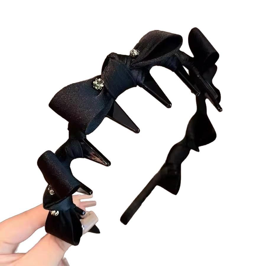 Retro Black Rhinestone Bow Non-Slip Wave Headband with Teeth