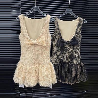 Spring 2026 Lace Bow Backless Spaghetti Strap Dress - French Style Short Skirt for Women
