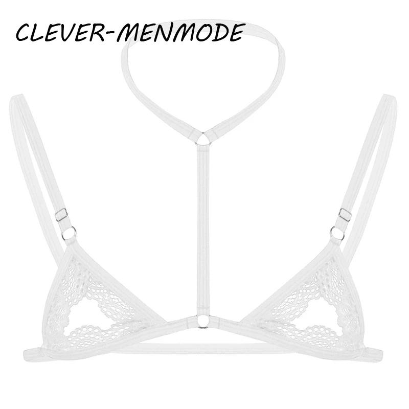Sexy Mens Sheer Lace Lingerie Exotic Open Bras Gay Sissy Nightwear Halter Neck Adjustable Straps Wire-free Unlined Mini Bra Top