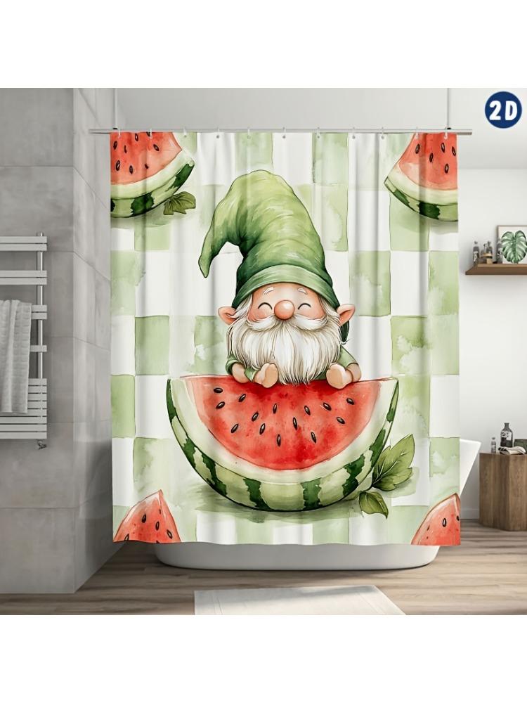 

1Pc Whimsical Gnome Watermelon Shower Curtain, Durable Polyester, Easy-Clean, Green & White Checkered W60H190(CM)-1 Pcs