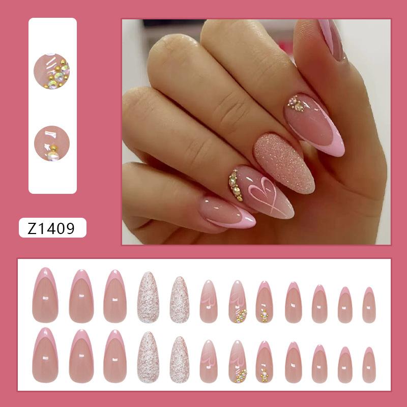 Z1409 Heartbeat French Glue On Nails Medium Almond Heart Sweet Minimalist For Ladies Non Special Cosmetics