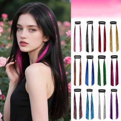 2pcs/set Laser Silk Colorful Hair Piece Extension Colorful Fake Hair Clip In One Piece Hairpiece Colorful Holographic Hair Tinsel Glitter Fairy