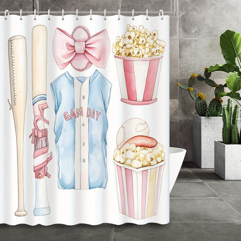 Vintage Watercolor Baseball Bowknot Popcorn Print Shower Curtain with 12 Hooks - Polyester Bathroom Decor