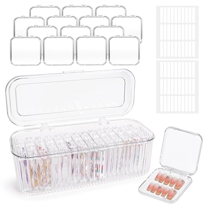 Press On Nail Organizer 14 PCS Clear Press On Nail Storage Boxes and 1 Big Storage box with 60 Pcs Adhesive Double Sided TapePress On Nail Packaging Single Layer 6700₽