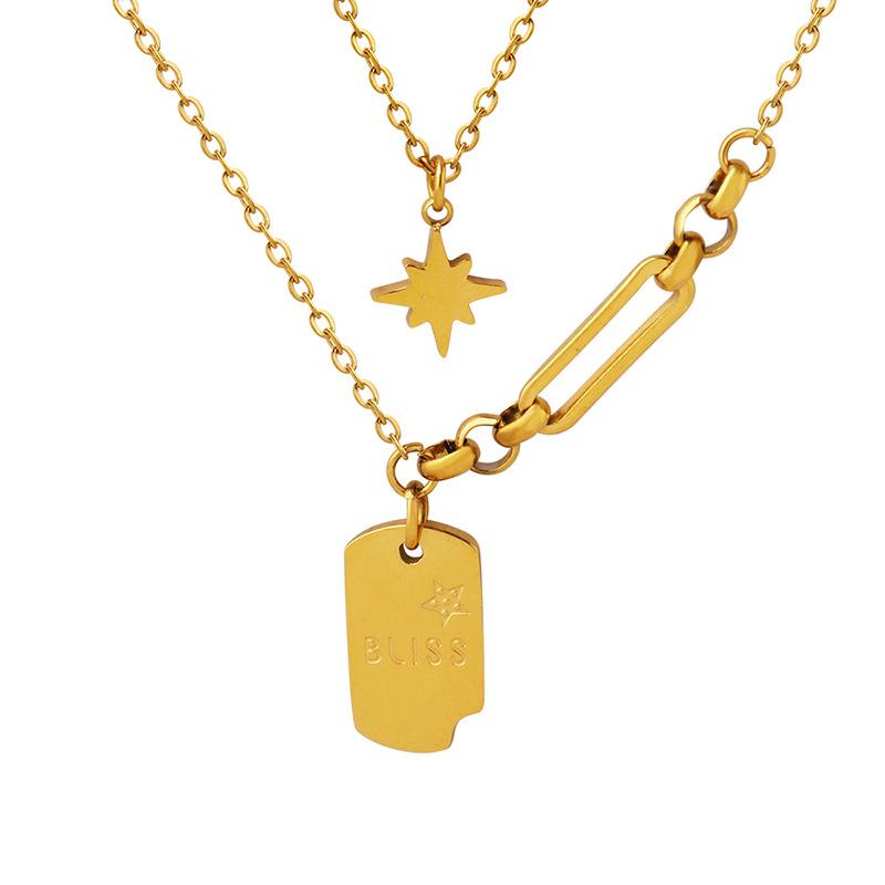 Collier Pendentif Marque Xingmang Carré Style Coréen Mode Polyvalent Double Couche Acier Titane Plaqué Or 18K Chaîne Pull Empilée Femmes