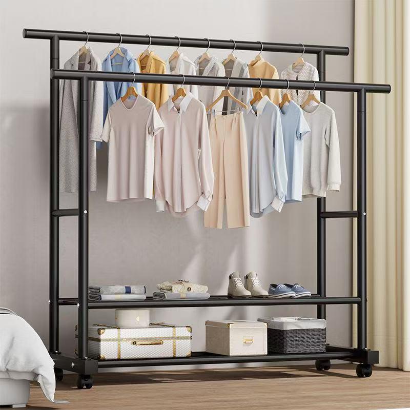 Sturdy Double Bar Wardrobe Rack for Dorms: Floor-Standing, Dual-Layer Clothes & Hat Hanger for Bedrooms and Balconies.