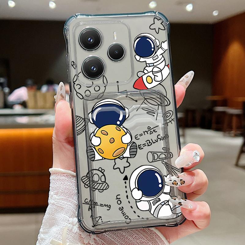 Astronaut Printed Card Slot Clear Phone Case For Xiaomi 14T 13T Pro Poco F6 Pro X6 C65 Redmi Note 13 Pro 12 11 Soft Silicone Shockproof Bumper Cover
