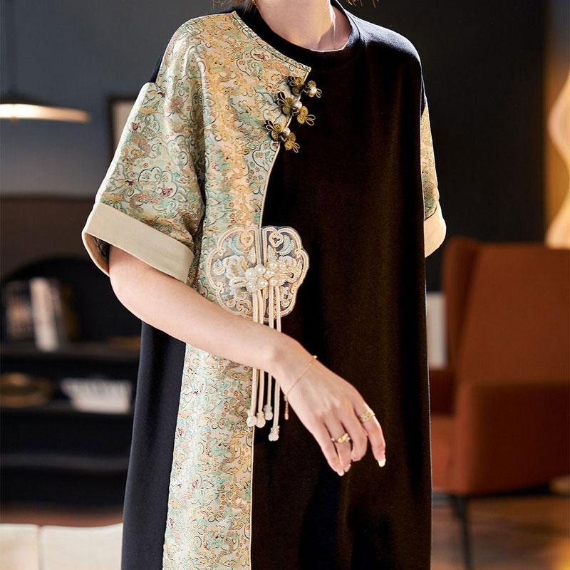 

Женская футболка с коротким рукавом в китайском стиле, 2025 лето, новая базовая футболка, новая пуговица, средней длины, повседневный топ 4XL чёрный